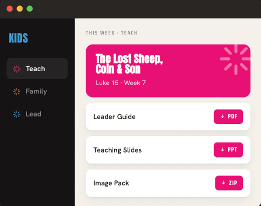 New Creation Kids platform preview showing this week’s teaching lesson downloads