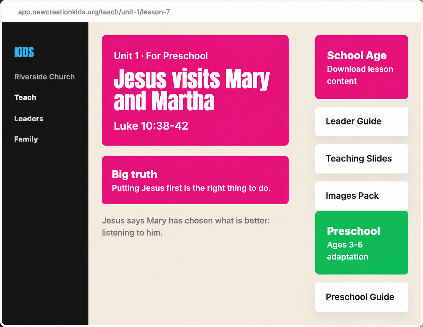 New Creation Kids platform lesson page showing resources
